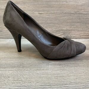 Laura Ashley grey suede pumps cross vamp heels size 9 almond toe
